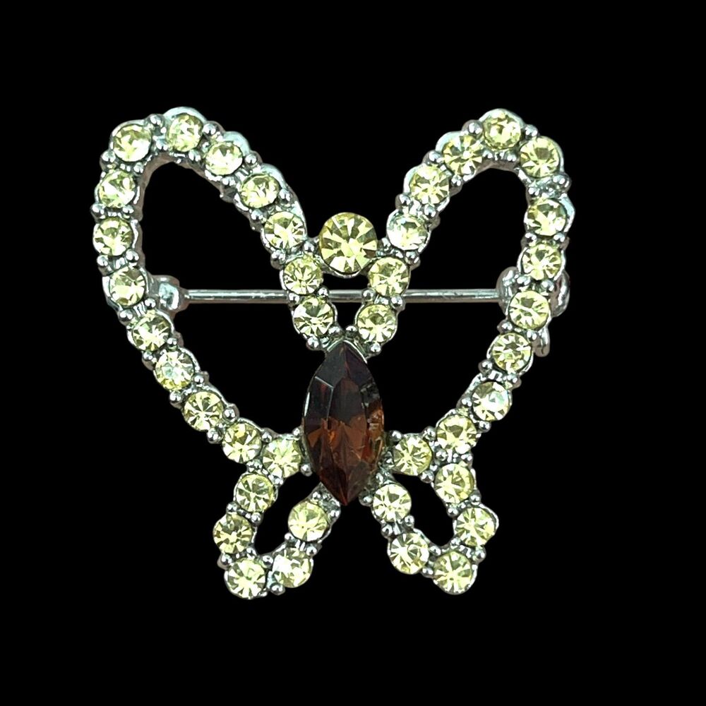 Vintage 1970s Rhinestone Butterfly Brooch Marquise Center Silver Tone Pin - 3P - Picture 2 of 3
